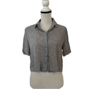 T by Alexander Wang collar Top Womens Short Sleeve Button Front Frayed Gray Sz 4